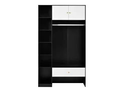 Armário 105x40x185 cm - con 1 gaveta e 2 portas - con varão de roupa e compartimentos de armazenamento abertos - Branco + Preto