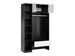 Armário 105x40x185 cm - con 1 gaveta e 2 portas - con varão de roupa e compartimentos de armazenamento abertos - Branco + Preto
