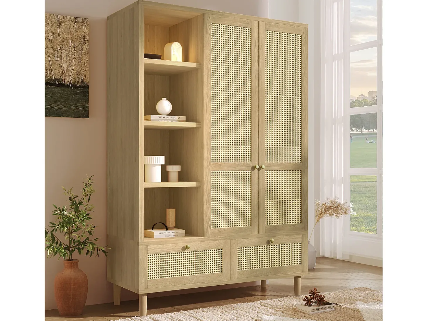 Armário 120x50x180cm - Prateleiras abertas e varões de roupa - con 2 portas e 2 gavetas de rattan - exterior de carvalho - estilo rústico - Natural
