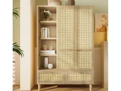 Armário 120x50x180cm - Prateleiras abertas e varões de roupa - con 2 portas e 2 gavetas de rattan - exterior de carvalho - estilo rústico - Natural