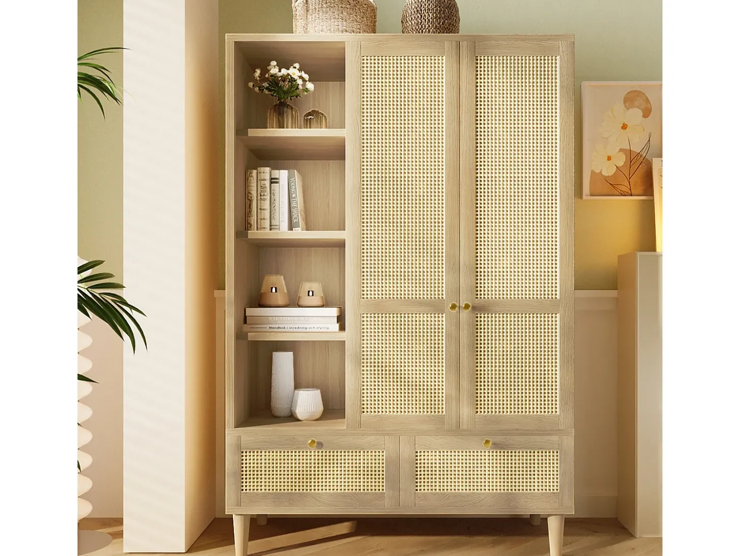 Armário 120x50x180cm - Prateleiras abertas e varões de roupa - con 2 portas e 2 gavetas de rattan - exterior de carvalho - estilo rústico - Natural