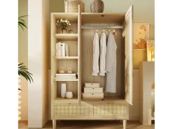Armário 120x50x180cm - Prateleiras abertas e varões de roupa - con 2 portas e 2 gavetas de rattan - exterior de carvalho - estilo rústico - Natural