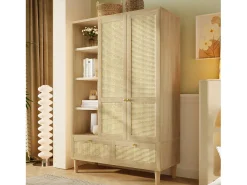 Armário 120x50x180cm - Prateleiras abertas e varões de roupa - con 2 portas e 2 gavetas de rattan - exterior de carvalho - estilo rústico - Natural