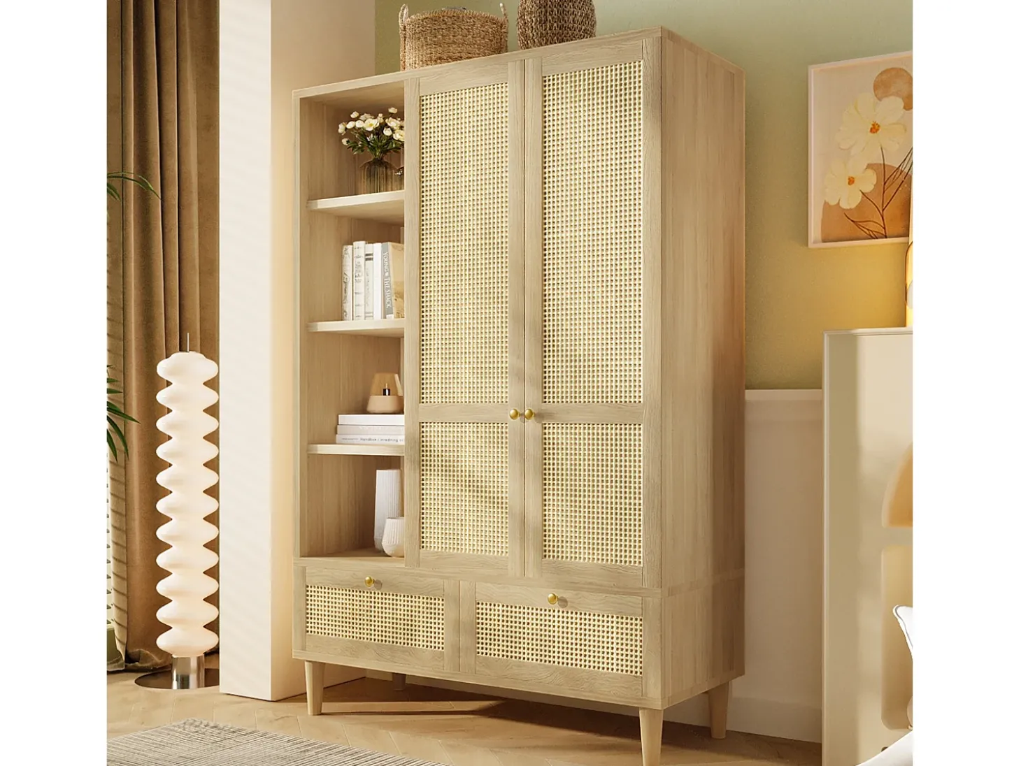 Armário 120x50x180cm - Prateleiras abertas e varões de roupa - con 2 portas e 2 gavetas de rattan - exterior de carvalho - estilo rústico - Natural