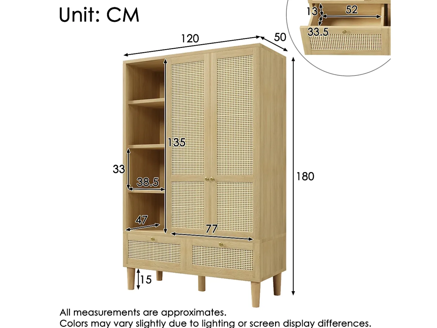 Armário 120x50x180cm - Prateleiras abertas e varões de roupa - con 2 portas e 2 gavetas de rattan - exterior de carvalho - estilo rústico - Natural