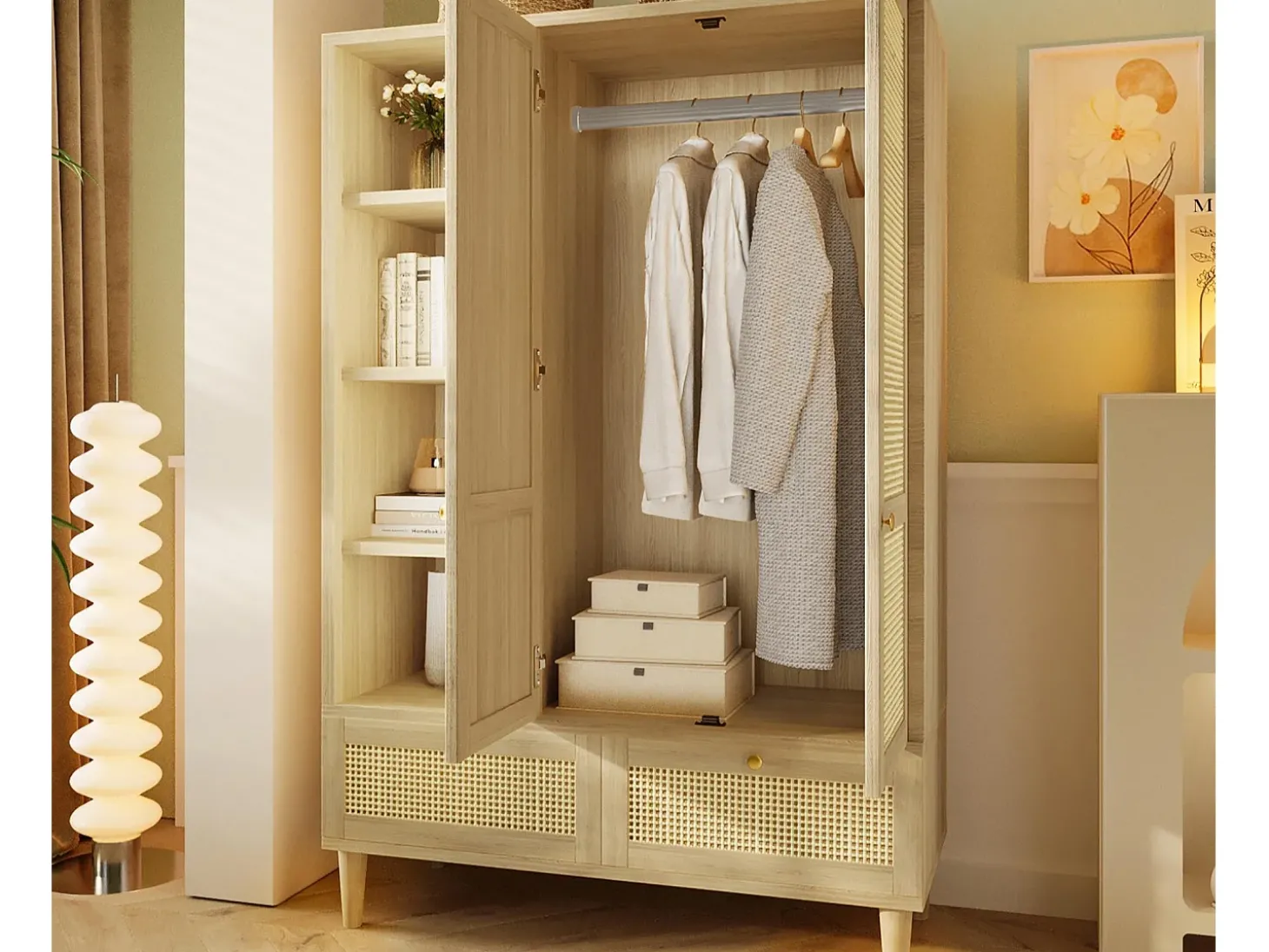 Armário 120x50x180cm - Prateleiras abertas e varões de roupa - con 2 portas e 2 gavetas de rattan - exterior de carvalho - estilo rústico - Natural