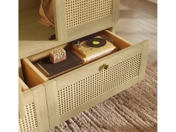 Armário 120x50x180cm - Prateleiras abertas e varões de roupa - con 2 portas e 2 gavetas de rattan - exterior de carvalho - estilo rústico - Natural