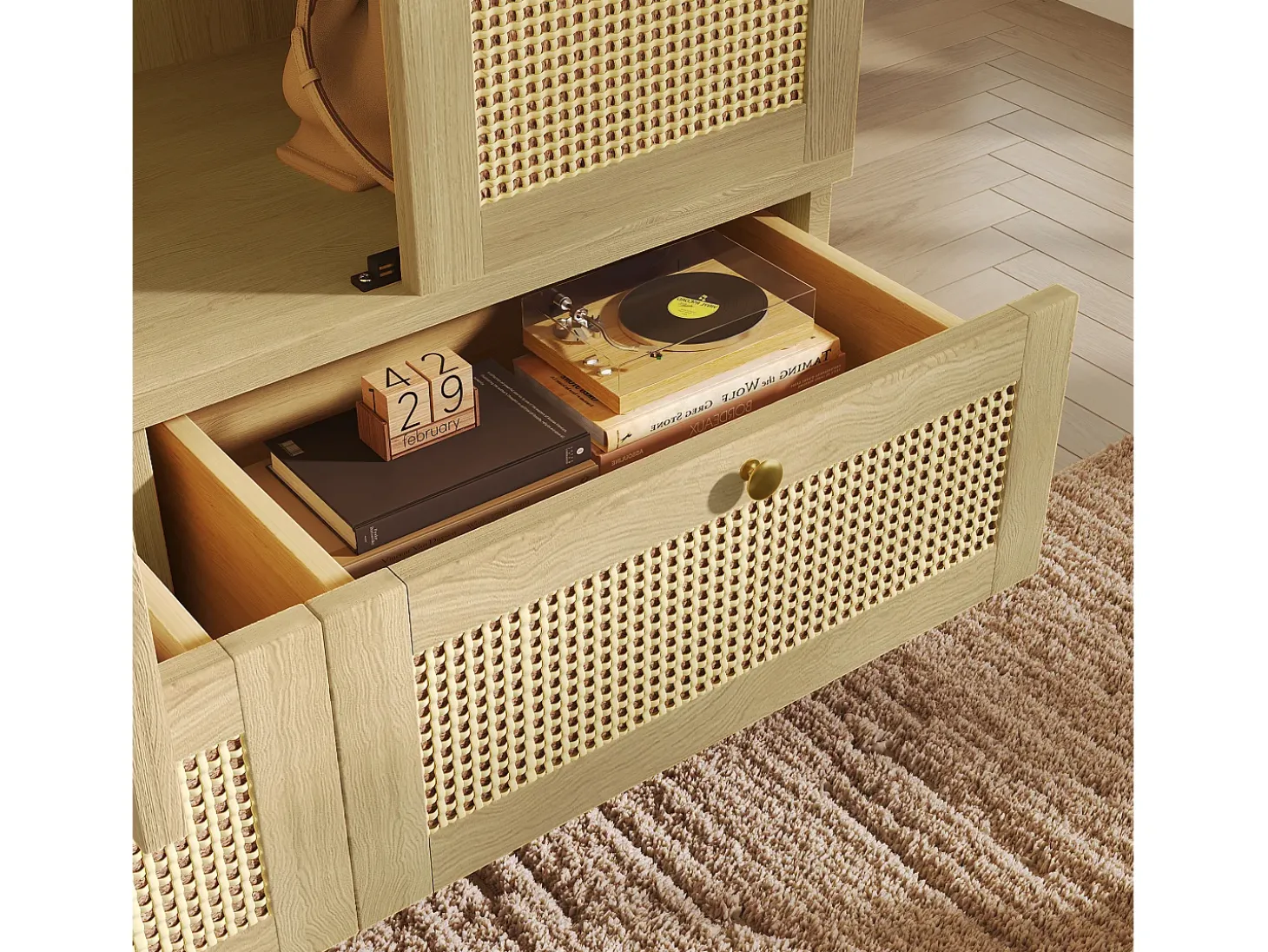 Armário 120x50x180cm - Prateleiras abertas e varões de roupa - con 2 portas e 2 gavetas de rattan - exterior de carvalho - estilo rústico - Natural