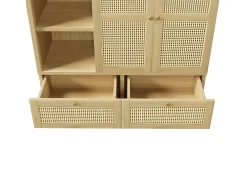 Armário 120x50x180cm - Prateleiras abertas e varões de roupa - con 2 portas e 2 gavetas de rattan - exterior de carvalho - estilo rústico - Natural