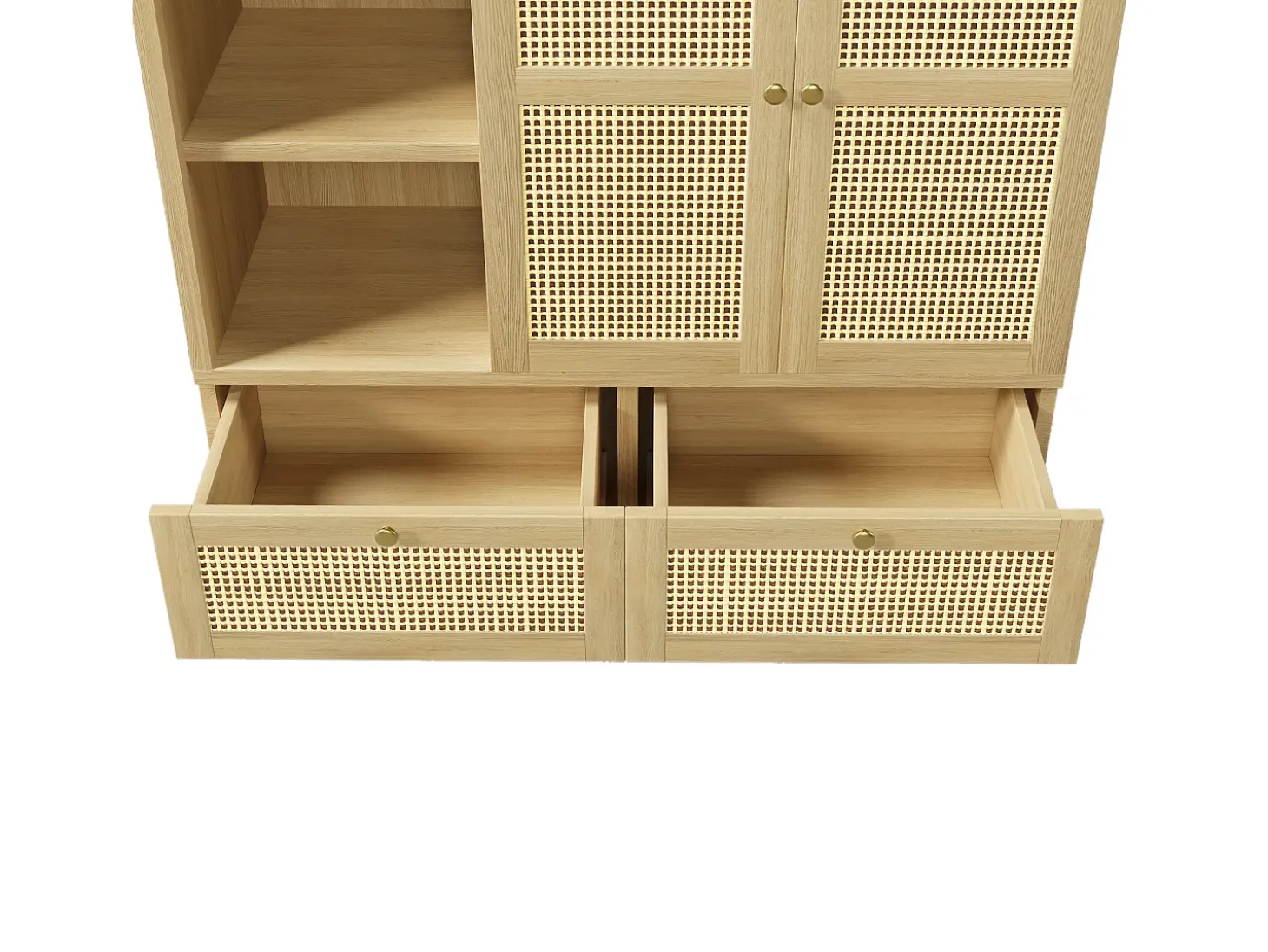 Armário 120x50x180cm - Prateleiras abertas e varões de roupa - con 2 portas e 2 gavetas de rattan - exterior de carvalho - estilo rústico - Natural