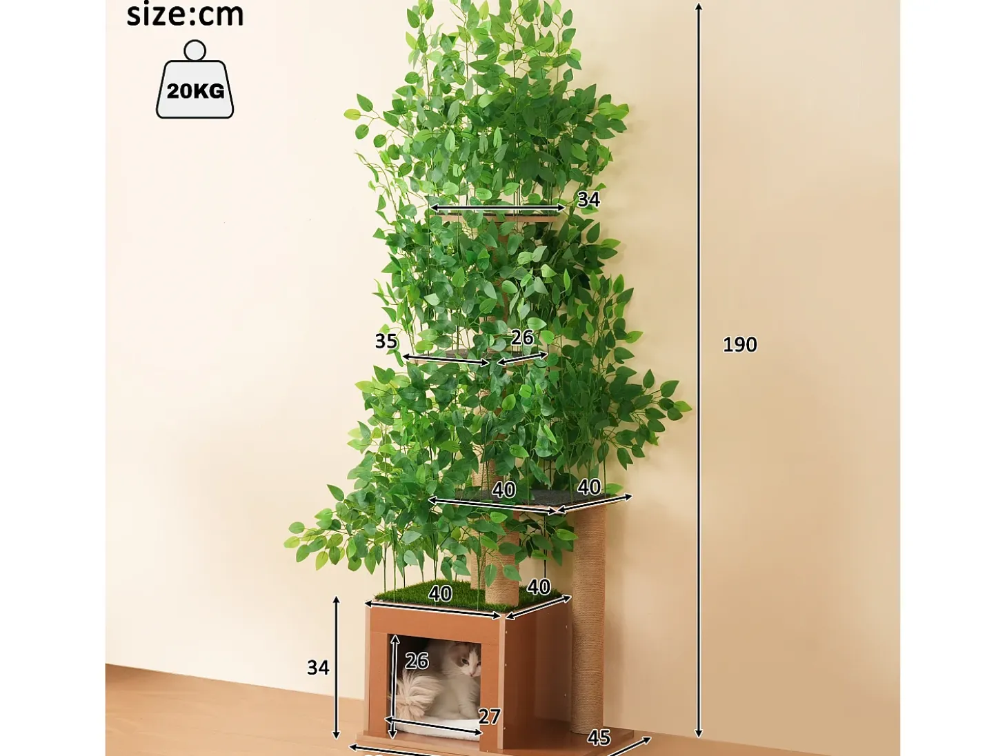 Arranhador para gatos de 190 cm de altura - com 4 plataformas e 1 buraco para gatos - lâminas removíveis - verde