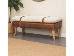 Artisan Furniture Banco em madeira maciça com couro de búfalo encaracolado.