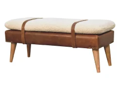 Artisan Furniture Banco em madeira maciça com couro de búfalo encaracolado.