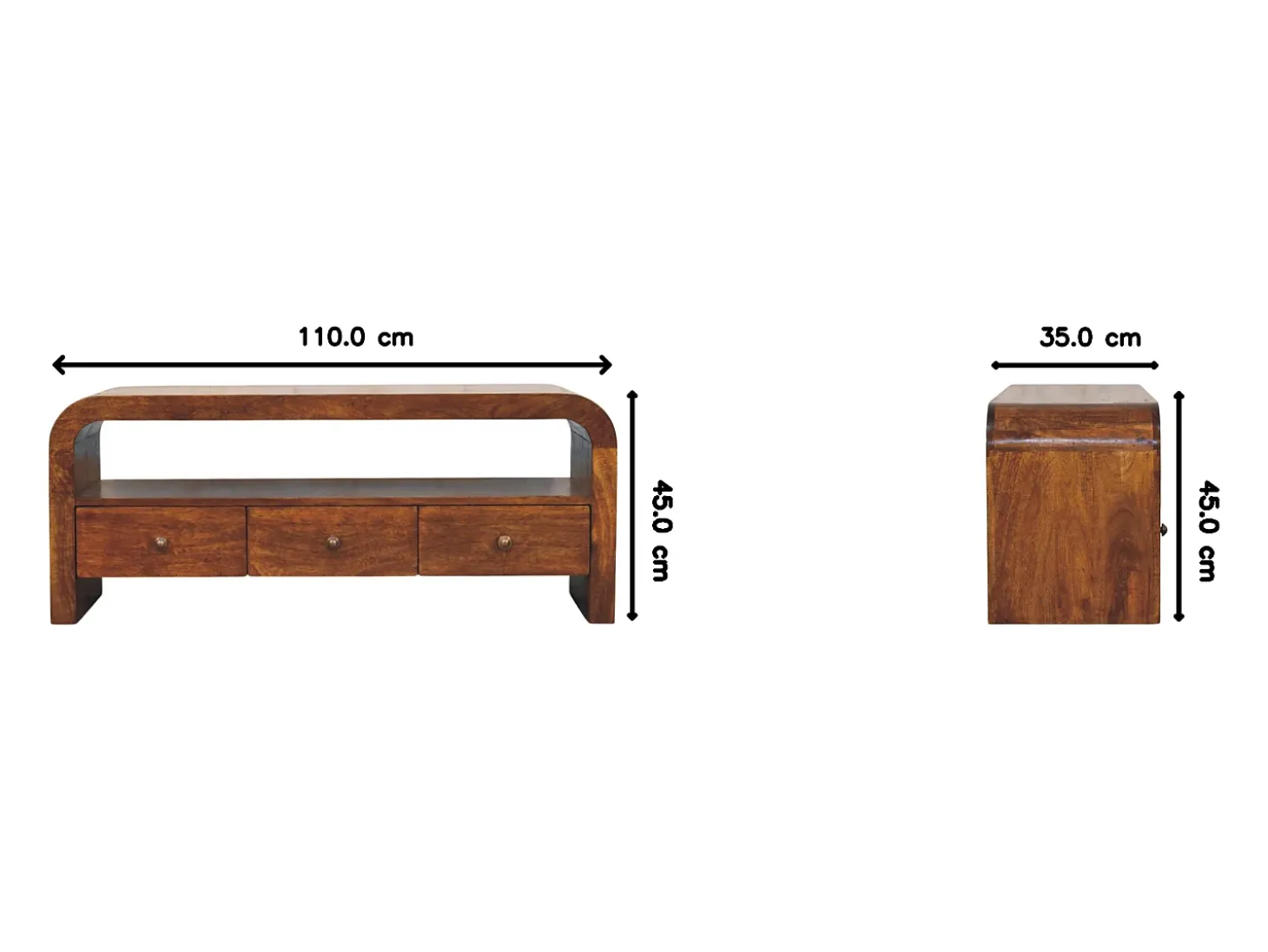 Artisan Furniture Madeira maciça Unidade de Mídia Darcy com 3 Gavetas e Prateleira Aberta em Tom Castanho