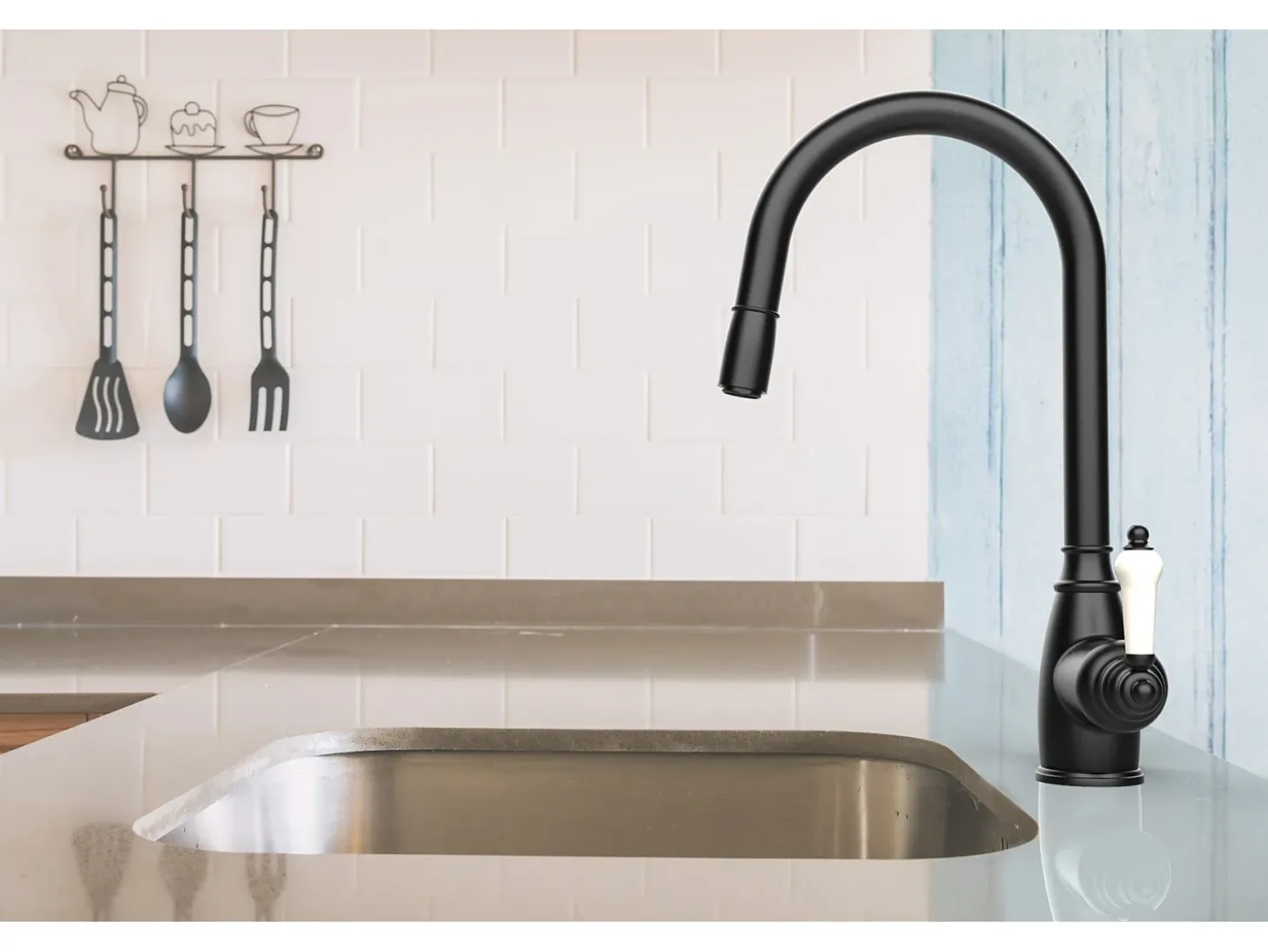 Ascott misturador para lava-loiça com chuveiro extraível preto Essebagno