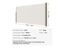 Awning Lateral Retratil SucceBuy, 180 x 350 cm, Tela de Privacidade para Terraço e Separador de Cerca, Bege