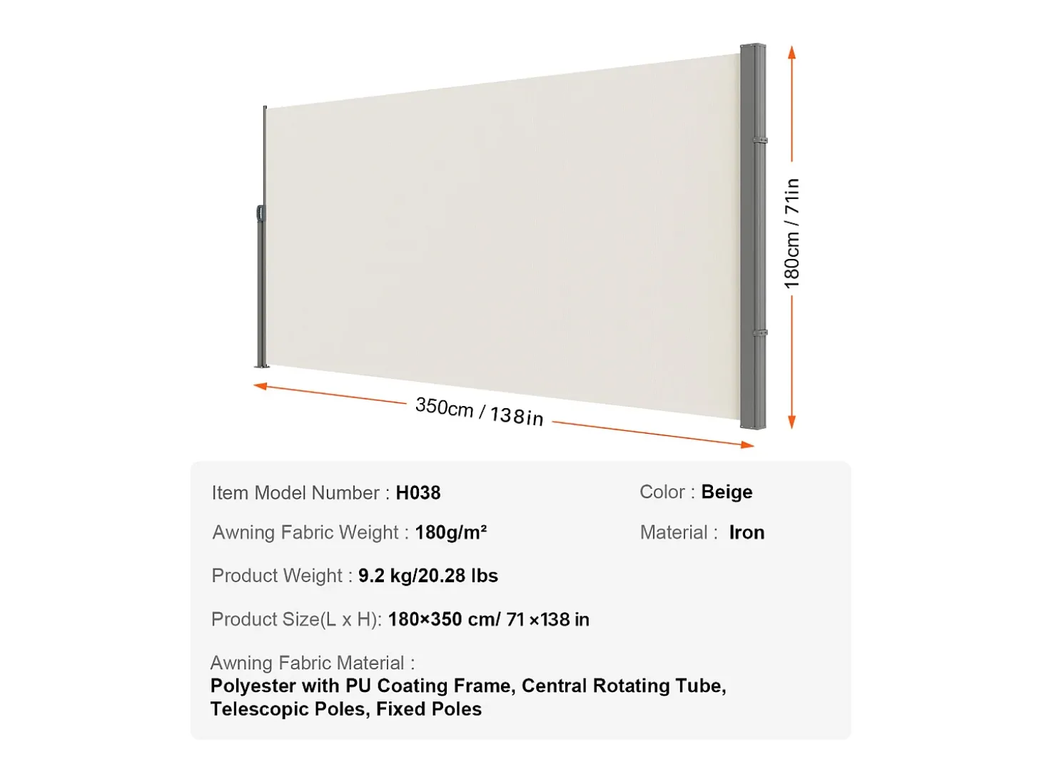 Awning Lateral Retratil SucceBuy, 180 x 350 cm, Tela de Privacidade para Terraço e Separador de Cerca, Bege