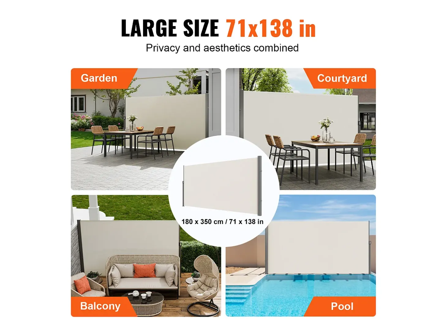 Awning Lateral Retratil SucceBuy, 180 x 350 cm, Tela de Privacidade para Terraço e Separador de Cerca, Bege