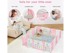 Baby Park 16+2 painéis, portal de barreira de segurança xxl, grade protetora plastiva ecológica com porta, 190x190cm, rosa, rosa