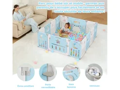 Baby Park 12+2 painéis, portão de barreira de segurança, grade de proteção em plásticos ecológicos, 150x150x62cm - azul