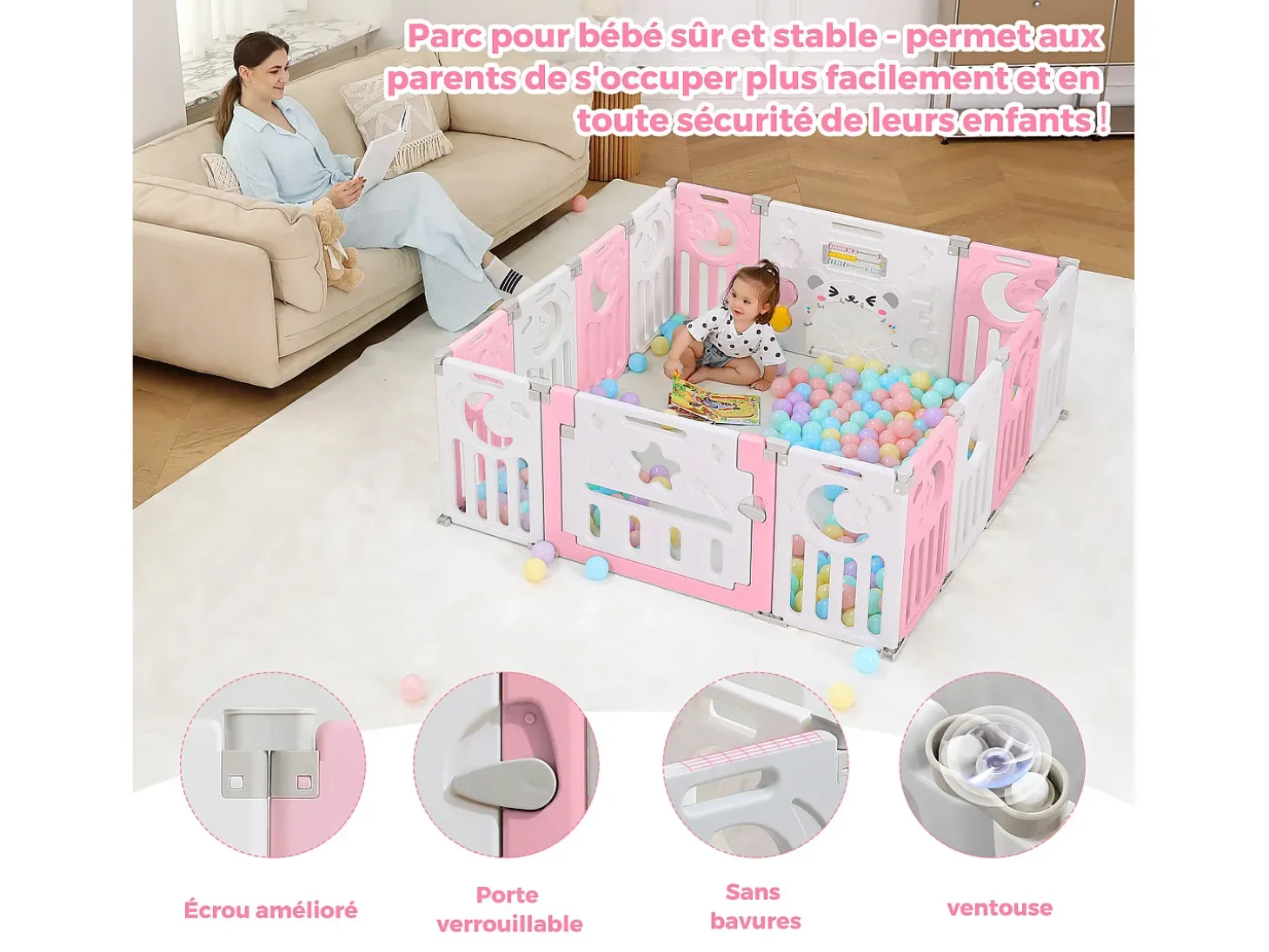Baby Park 12+2 painéis, portão de barreira de segurança, grade de proteção ecológica, 150x150x62cm - rosa