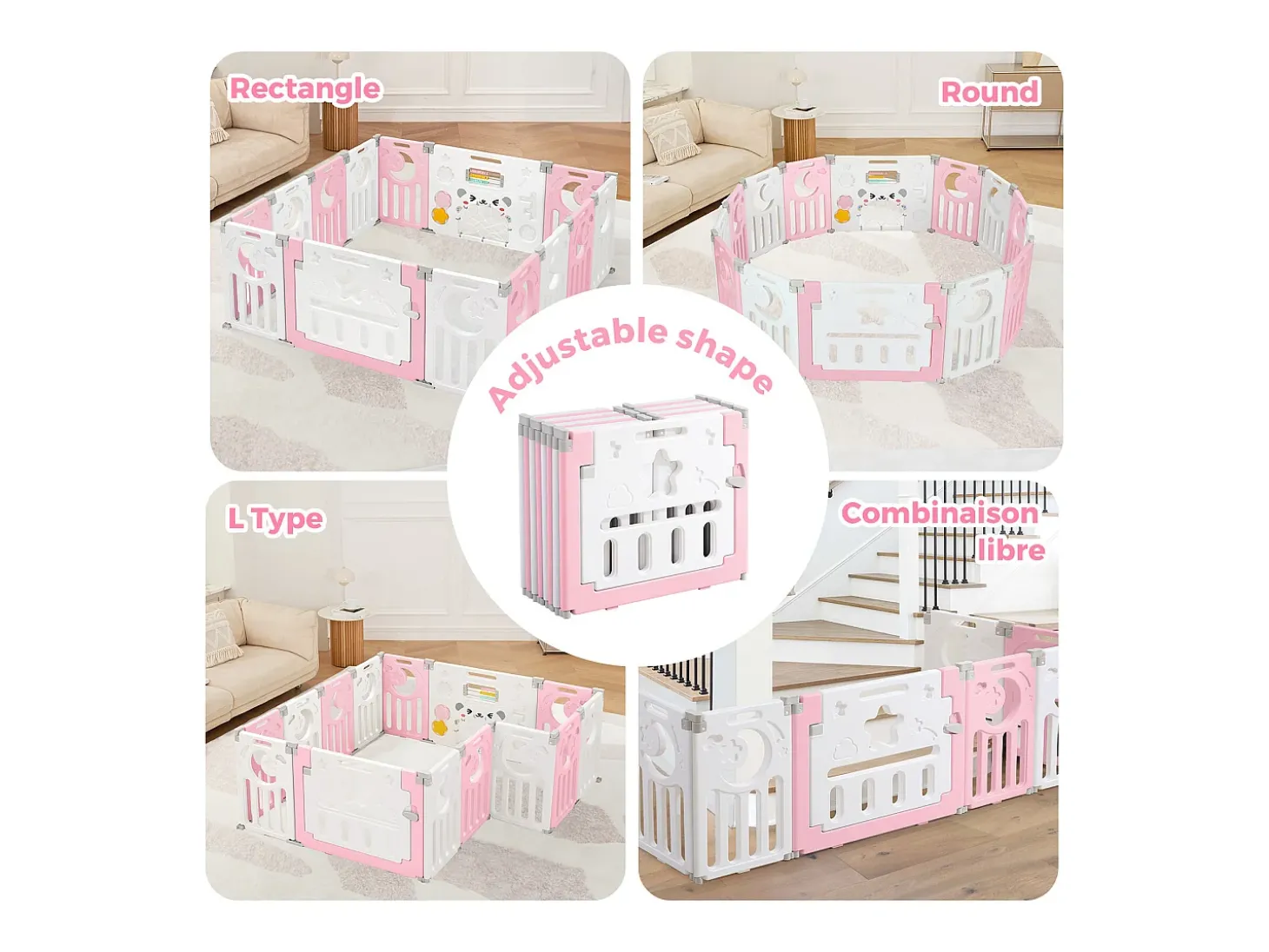 Baby Park 12+2 painéis, portão de barreira de segurança, grade de proteção ecológica, 150x150x62cm - rosa