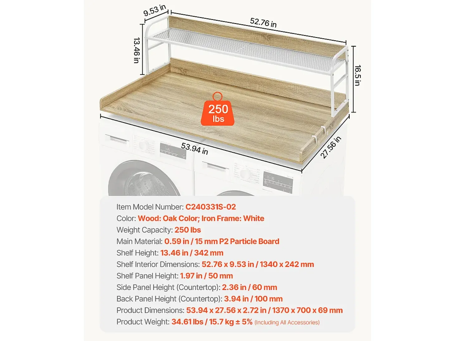 Bancada de Máquina de Lavar-Secadora SucceBuy com Prateleira 137x69 CM Cobertura para Máquina de Lavar-Secadora em Madeira de Carvalho