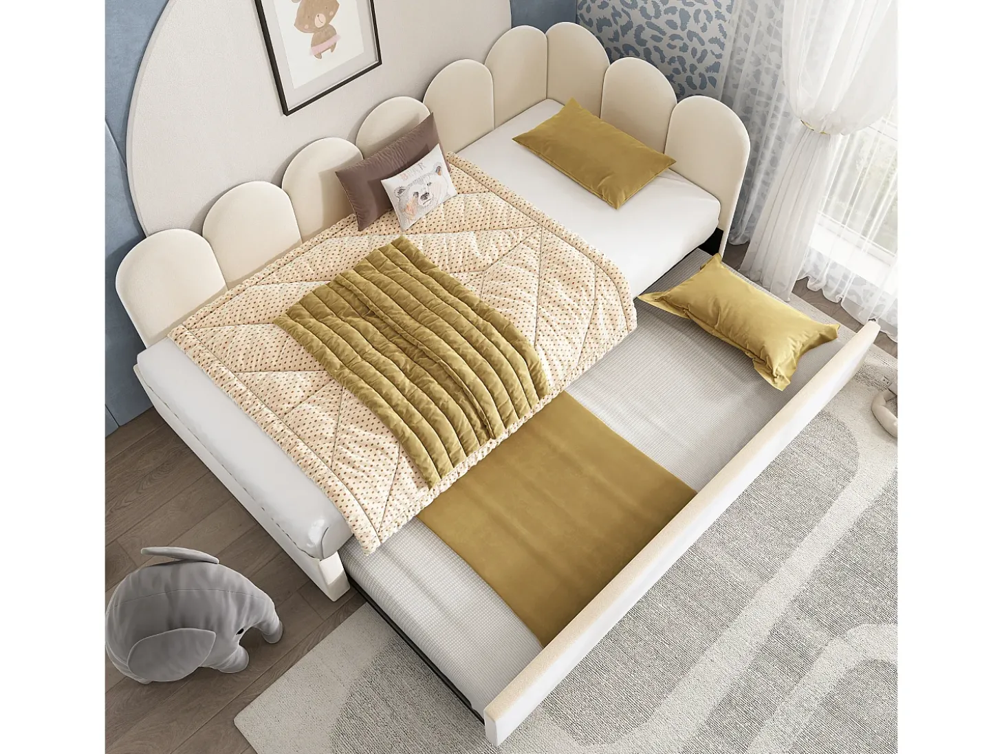 Banco cama 90x200 cm - com cama ninho 90x190 cm - tecido de veludo - Bege
