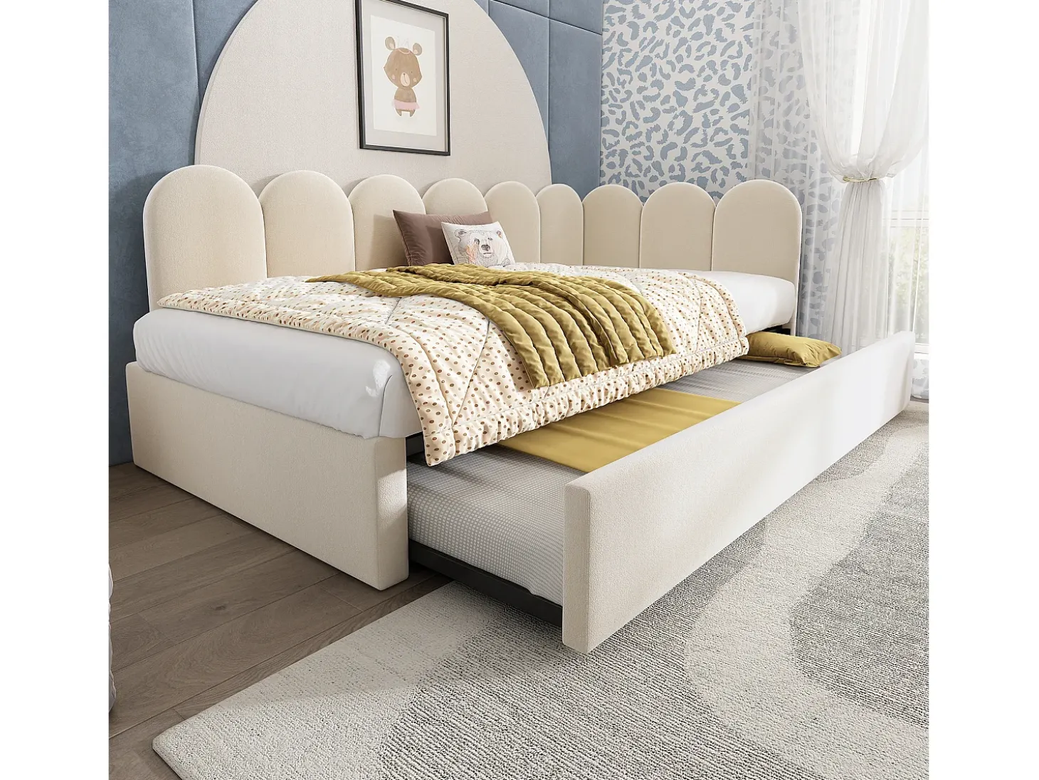 Banco cama 90x200 cm - com cama ninho 90x190 cm - tecido de veludo - Bege