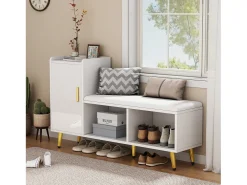 Banco de sapatos com 1 porta, 2 nichos e almofada - pés e puxadores de metal dourado - Branco - 120 x 35 x 68,5 cm