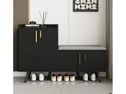 Banco de sapatos moderno com 4 portas e almofada - pernas e puxadores de metal - cor preta - 120 x 34 x 82 cm