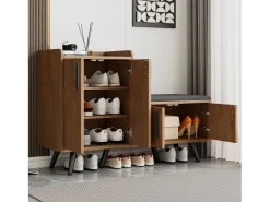 Banco de sapatos moderno com 4 portas e almofada - pernas e puxadores de metal - cor natural - 120 x 34 x 82 cm