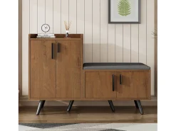 Banco de sapatos moderno com 4 portas e almofada - pernas e puxadores de metal - cor natural - 120 x 34 x 82 cm