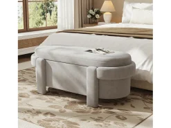 Banco estofado com tampa e espaço de armazenamento - 121,5 x 49 x 44,5 cm - aparência de lã - para sala de estar/quarto - Lã - cinza