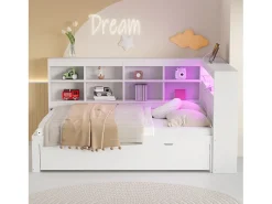 Banco-cama em madeira maciça 140x200 cm - com tomadas LED e USB - Branco