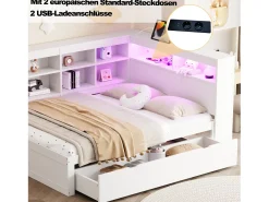 Banco-cama em madeira maciça 140x200 cm - com tomadas LED e USB - Branco