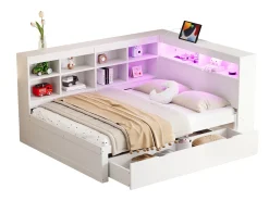 Banco-cama em madeira maciça 140x200 cm - com tomadas LED e USB - Branco
