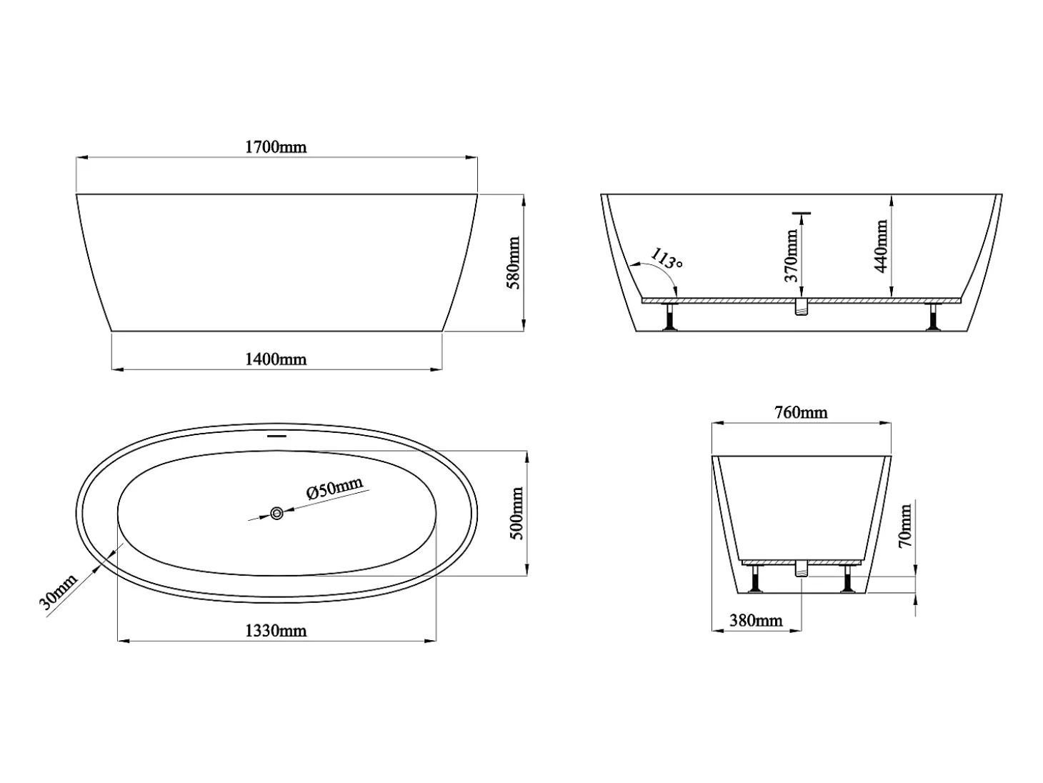 Banheira clássica branca 250 L acrílico 170 x 76 x 58 cm - YAMISA