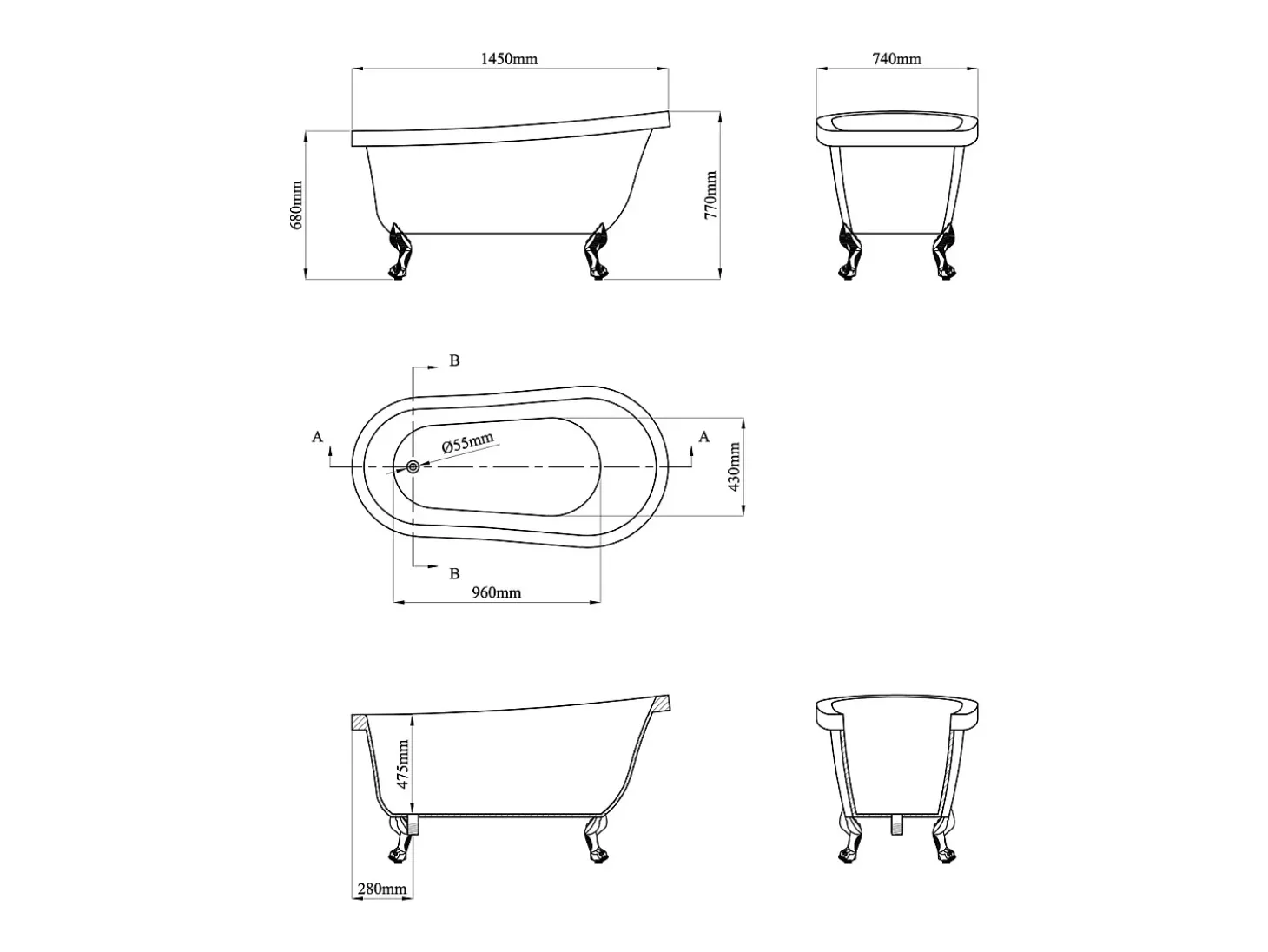 Banheira clássica com pés de leão brancos, 200 L, 145 x 74 x 77 cm, azul - NISOS II