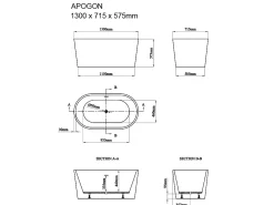 Banheira clássica oval - 180 L - 130 x 71 x 58 cm - Branca - Acrílico - APOGON