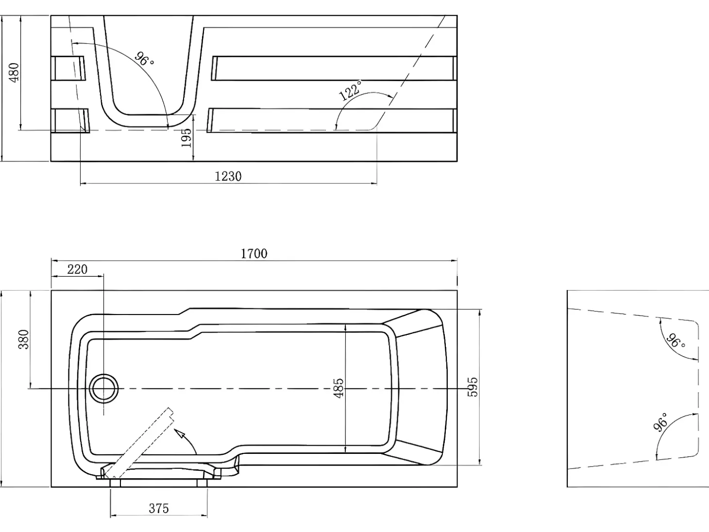 Banheira de canto com porta SERVEE - 235 L - 170*76*61 cm - Canto esquerdo - Sifão incluído