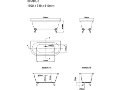 Banheira retrô de instalação livre com pés - 154 L - 150 x 74 x 61 cm - Acrílico - SPARUS