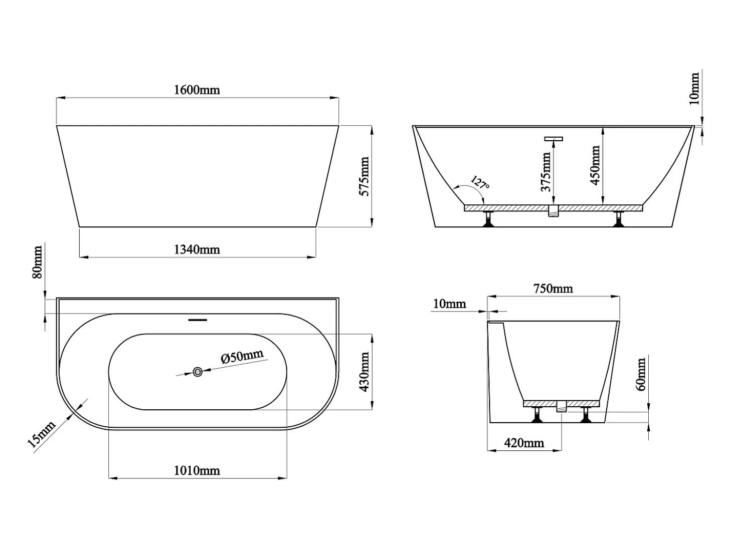 Banheira semiclássica 230 l, 160 x 75 x 58 cm branco fosco, acrílico - AMOBIA