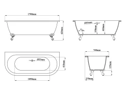 Banheira semiclássica com pés 190 L, 170 x 74 x 62 cm, acrílico branco - SPARUS