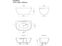 Banheira semi-clássica oval - 197 L - 151 x 94 x 60 cm - Branca - Acrílico - PAGRUS