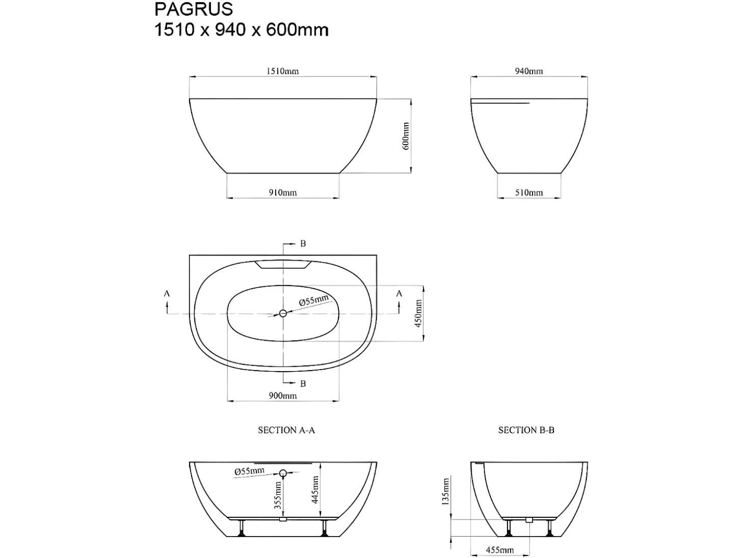 Banheira semi-clássica oval - 197 L - 151 x 94 x 60 cm - Branca - Acrílico - PAGRUS