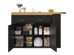 Bar extensível com 2 gavetas e 2 portas - Tampo extensível com rodízios - Preto e madeira