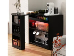 Bar/aparador extensível com dobradiças giratórias - 120 x 50 x 95,5 cm - com porta + prateleiras + iluminação LED + 2 gavetas - MDF - preto