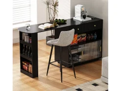 Bar/aparador extensível com dobradiças giratórias - 120 x 50 x 95,5 cm - com porta + prateleiras + iluminação LED + 2 gavetas - MDF - preto
