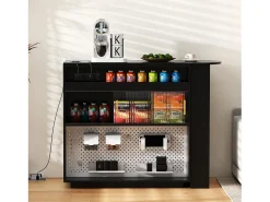 Bar/aparador extensível com dobradiças giratórias - 120 x 50 x 95,5 cm - com porta + prateleiras + iluminação LED + 2 gavetas - MDF - preto